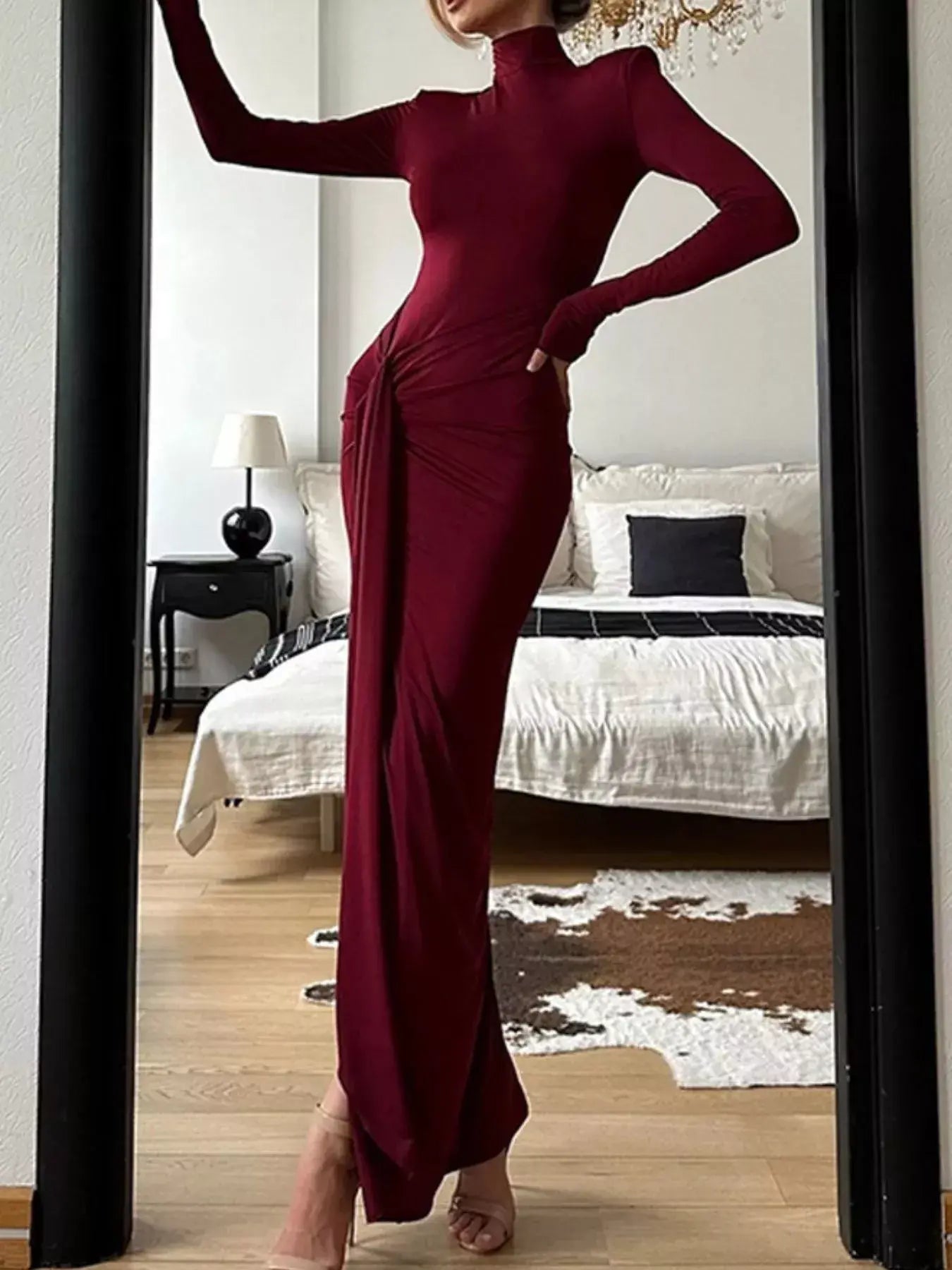 Turtleneck Long Sleeve Slit Maxi Dress - Trendsi - Flyclothing LLC