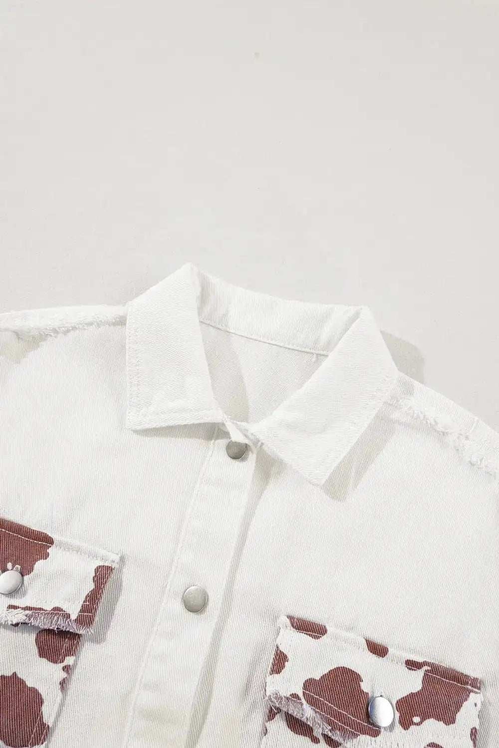 Raw Hem Animal Print Long Sleeve Denim Jacket - Trendsi - Flyclothing LLC