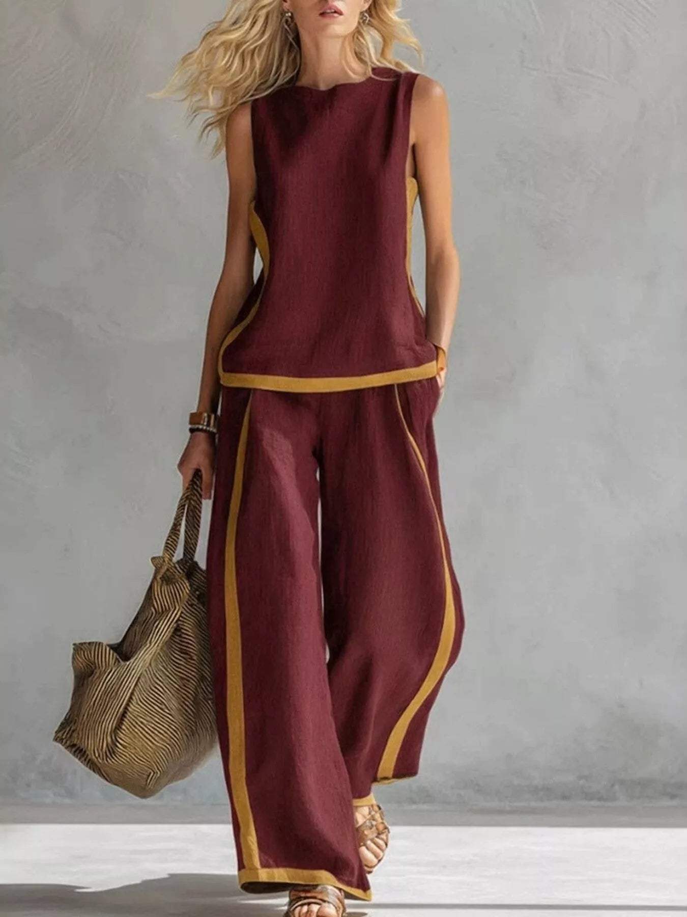 Full Size Contrast Stripe Sleeveless Top & Wide-Leg Pants Set Plus Size - Trendsi - Flyclothing LLC