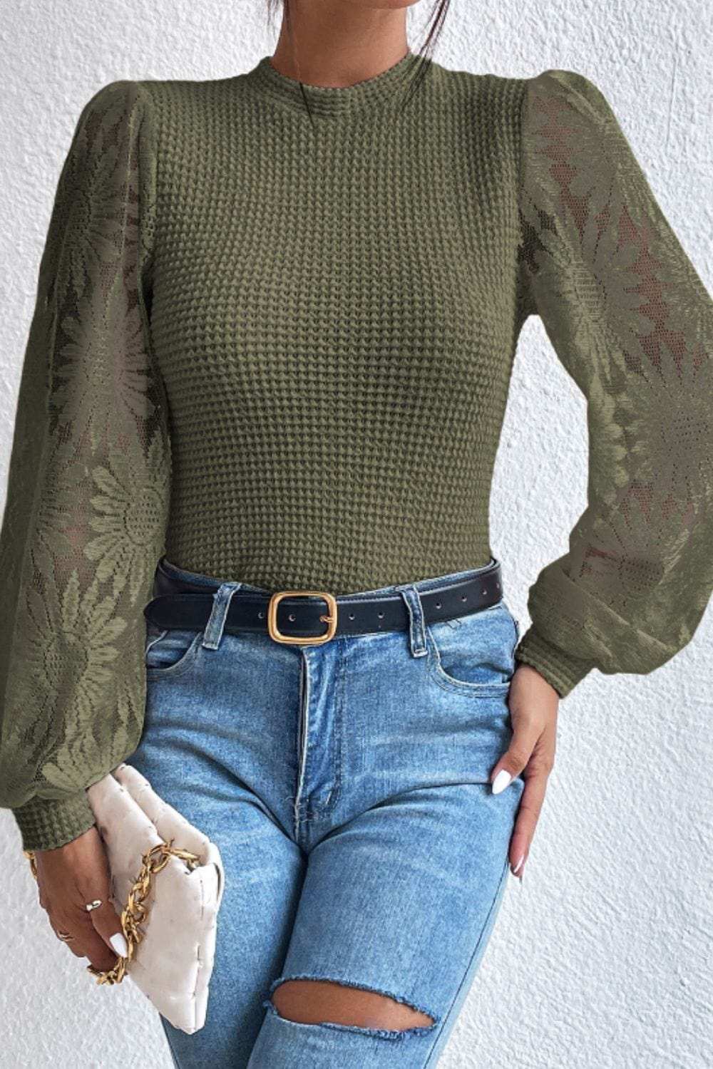 Mock Neck Lace Long Sleeve Top - Trendsi - Flyclothing LLC
