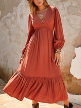 Ruched V-Neck Long Sleeve Midi Dress - Trendsi - Flyclothing LLC