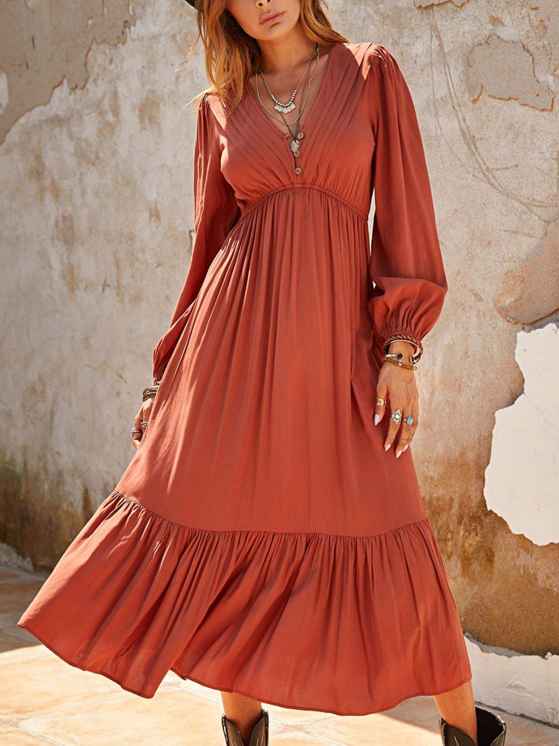 Ruched V-Neck Long Sleeve Midi Dress - Trendsi - Flyclothing LLC