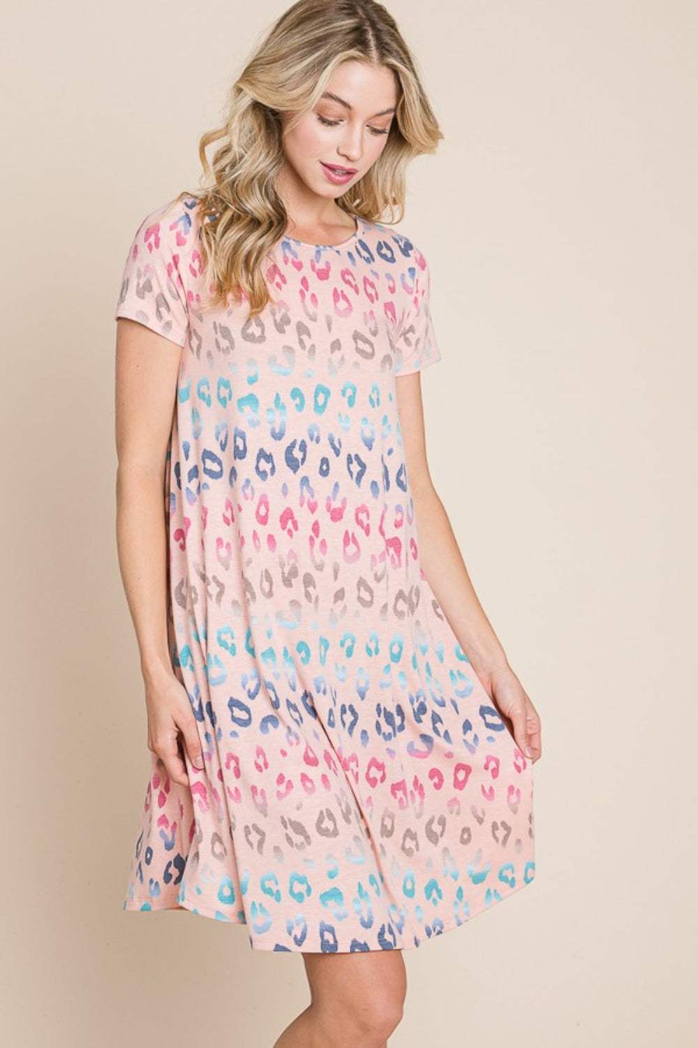 BOMBOM Leopard Round Neck Short Sleeve Dress - Trendsi - Flyclothing LLC