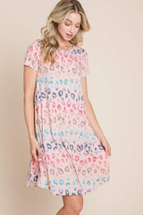 BOMBOM Leopard Round Neck Short Sleeve Dress - Trendsi - Flyclothing LLC