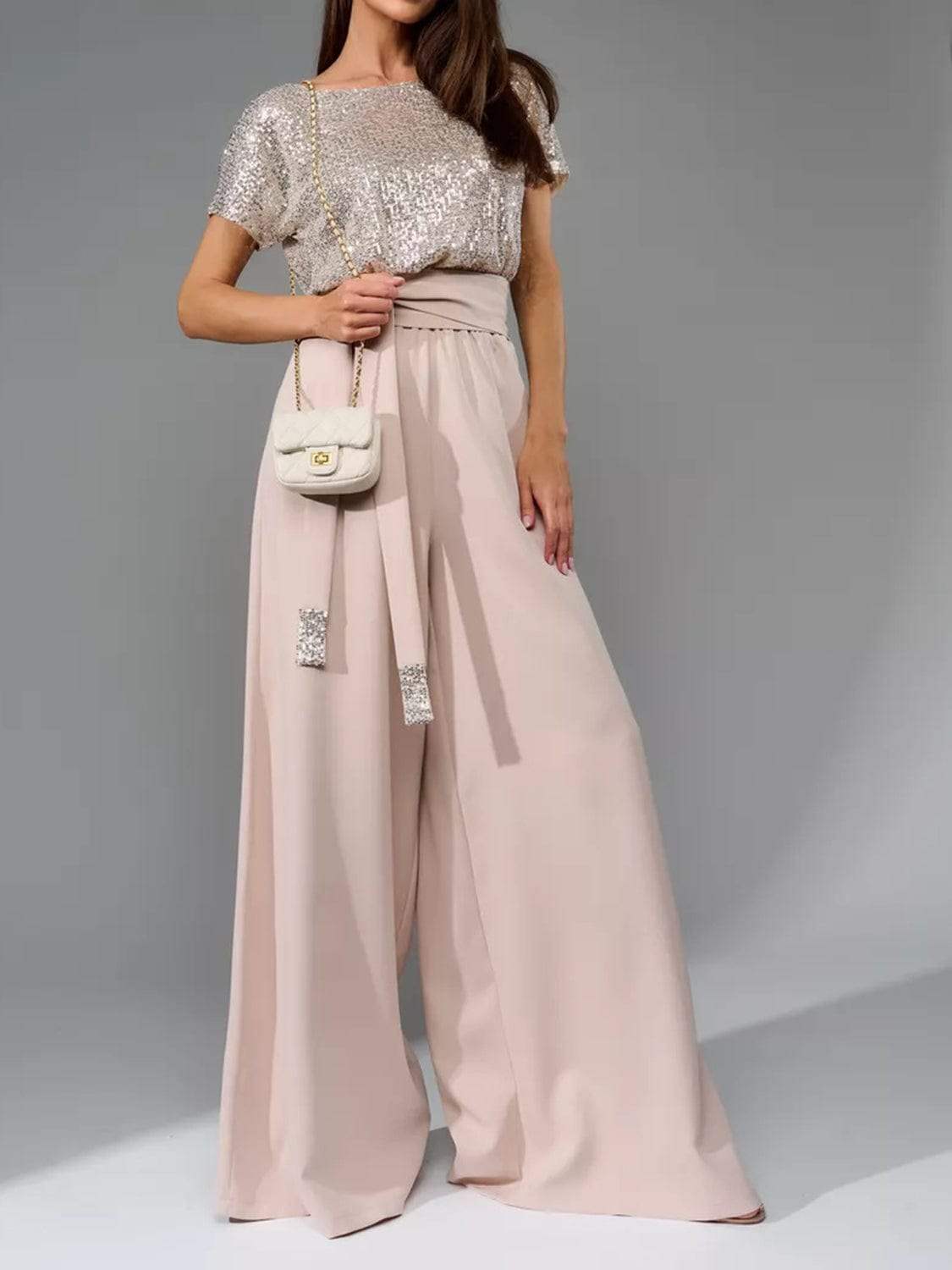 Full Size Sequin Round Neck Short Sleeve Wide Leg Jumpsuit - Trendsi - Flyclothing LLC