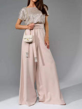Full Size Sequin Round Neck Short Sleeve Wide Leg Jumpsuit - Trendsi - Flyclothing LLC
