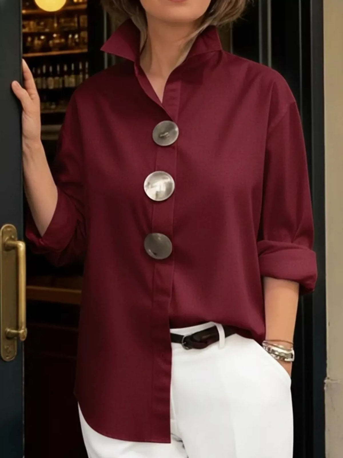 Full Size Oversized Metal Button Long Sleeve Shirt Plus Size - Trendsi - Flyclothing LLC