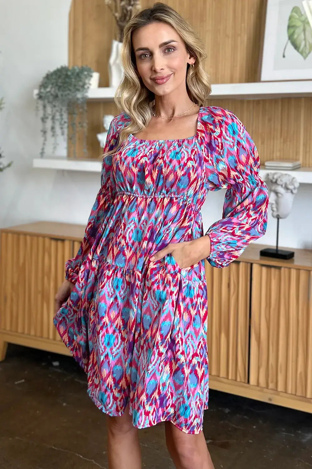 Double Take Full Size Printed Long Sleeve Dress - Trendsi - Flyclothing LLC
