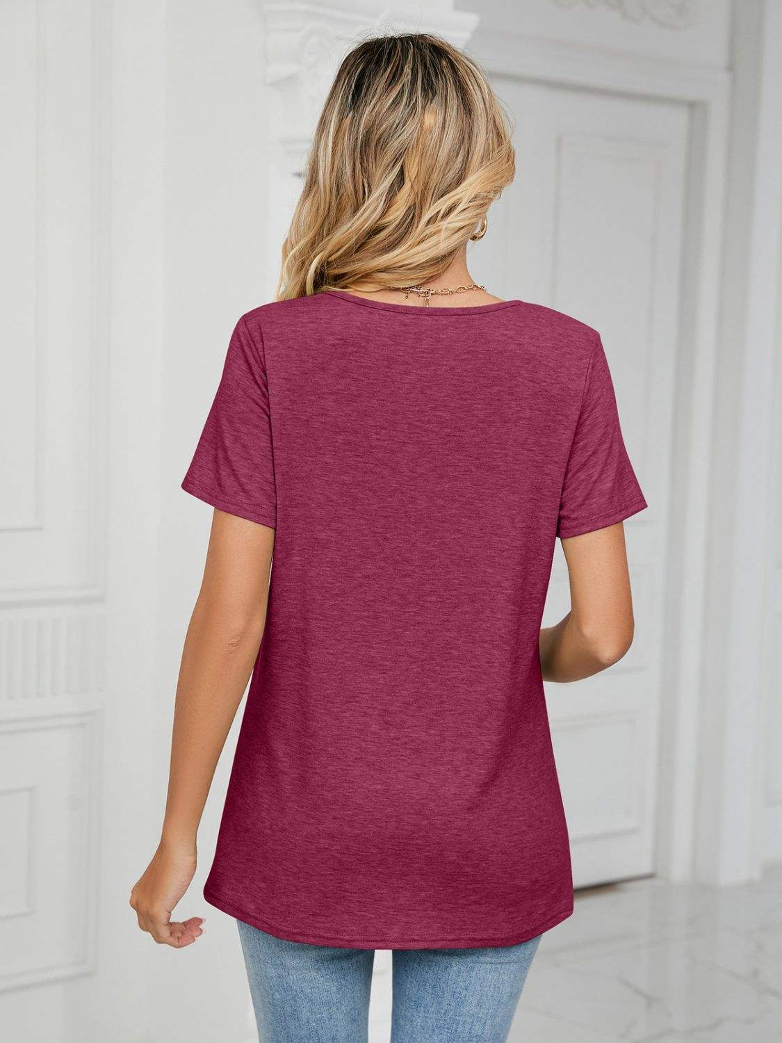 Ruched V-Neck Short Sleeve T-Shirt - Trendsi - Flyclothing LLC