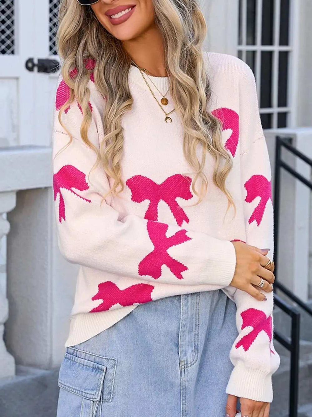 Bow Round Neck Dropped Shoulder Sweater - Trendsi - Flyclothing LLC