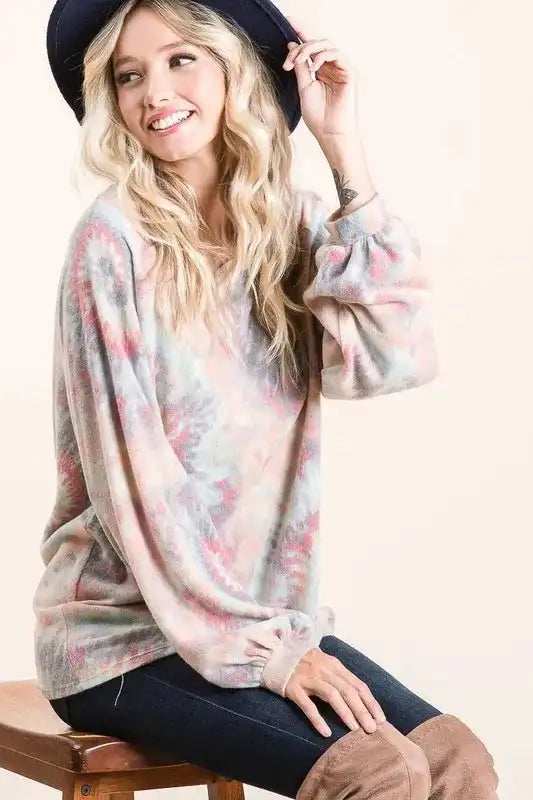 BiBi Brushed Tie Dye Print Top with Puff Sleeves - Trendsi - Flyclothing LLC