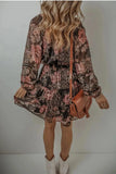 Printed Tie Neck Long Sleeve Mini Dress - Trendsi