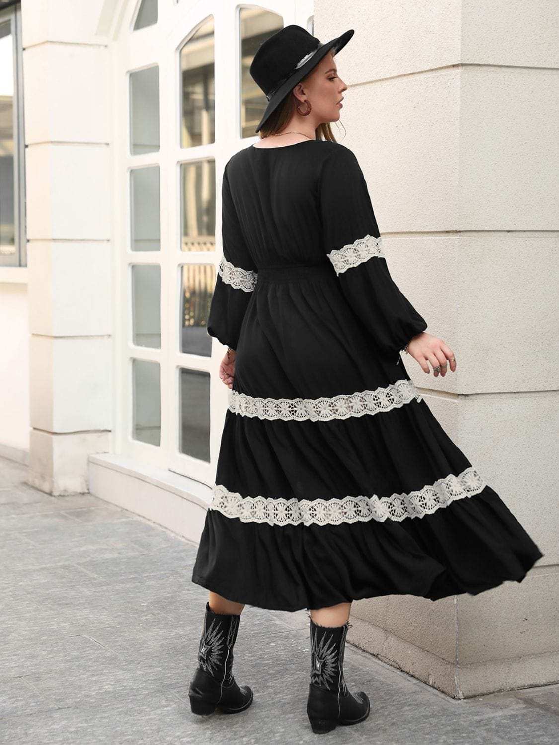 Plus Size Lace Detail V-Neck Long Sleeve Midi Dress - Trendsi - Flyclothing LLC