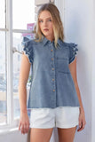 Mittoshop Washed Denim Ruffle Short Sleeve Collared Shirt - Trendsi