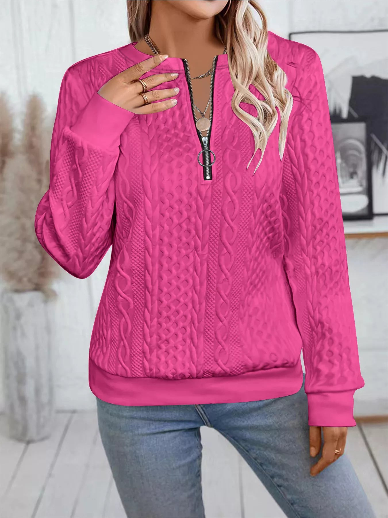 Chic Cable Texture Quarter-Zip Sweatshirt - Trendsi - Flyclothing LLC