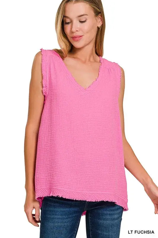 Zenana Double Gauze Raw Edge V-Neck Tank - Trendsi - Flyclothing LLC