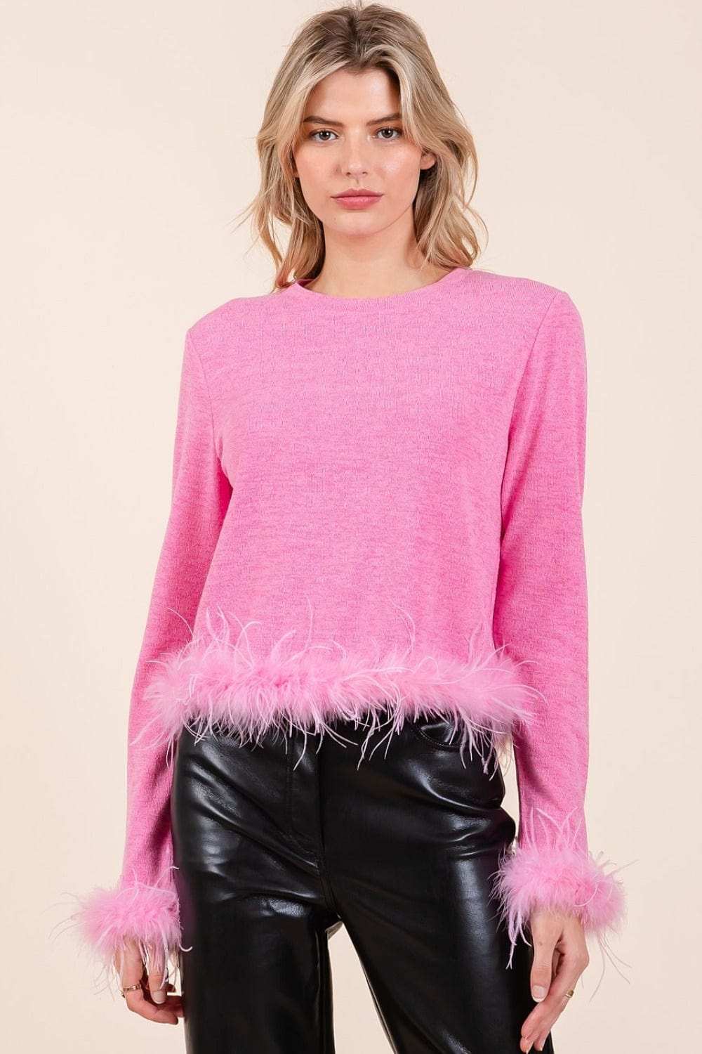 Mittoshop Feather Trim Long Sleeve Crop Hacci Knit Top - Trendsi - Flyclothing LLC