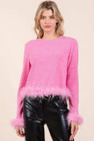Mittoshop Feather Trim Long Sleeve Crop Hacci Knit Top - Trendsi - Flyclothing LLC