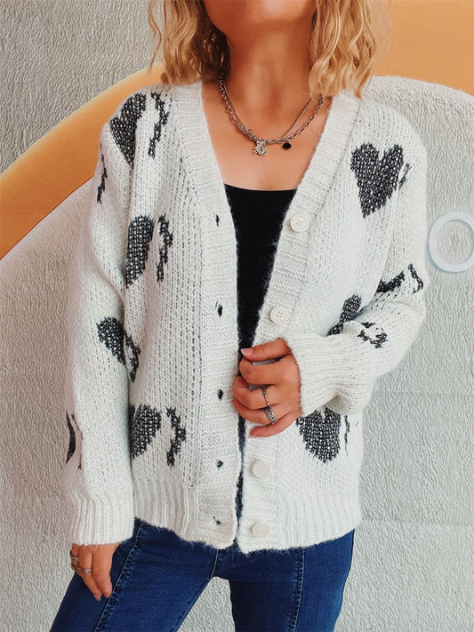 Heart Button Up Long Sleeve Cardigan - Trendsi