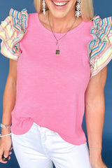 Striped Ruffle Flutter Sleeve Ribbed Blouse - Trendsi - Flyclothing LLC