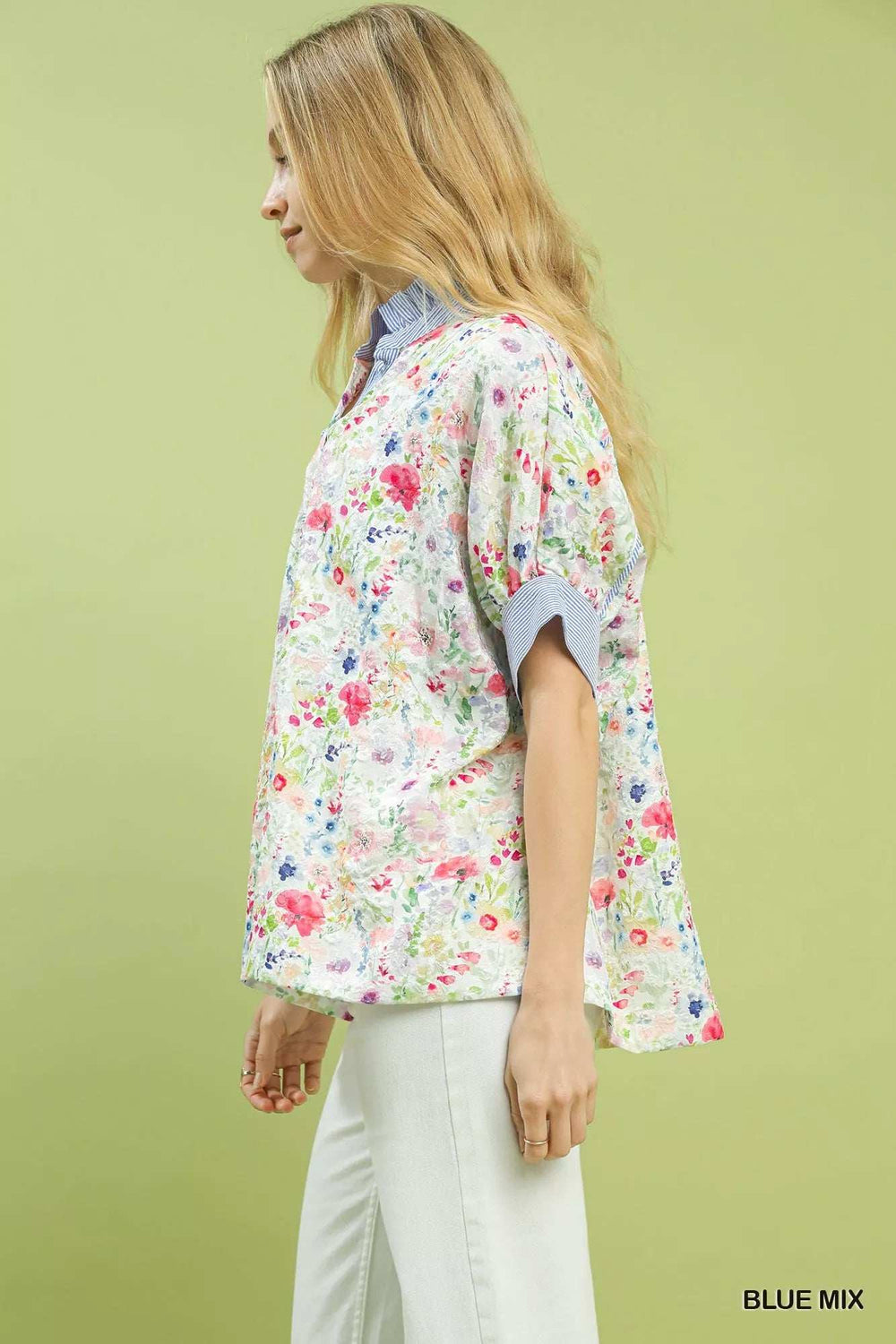 Umgee Jacquard Floral Print Button-Down Shirt - Trendsi - Flyclothing LLC