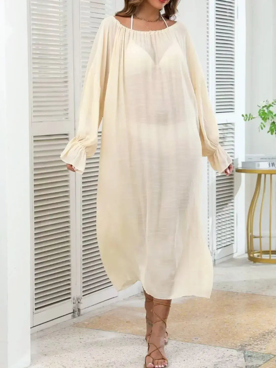 Backless Drawstring Back Flounce Sleeve Cover-Up - Trendsi - Flyclothing LLC