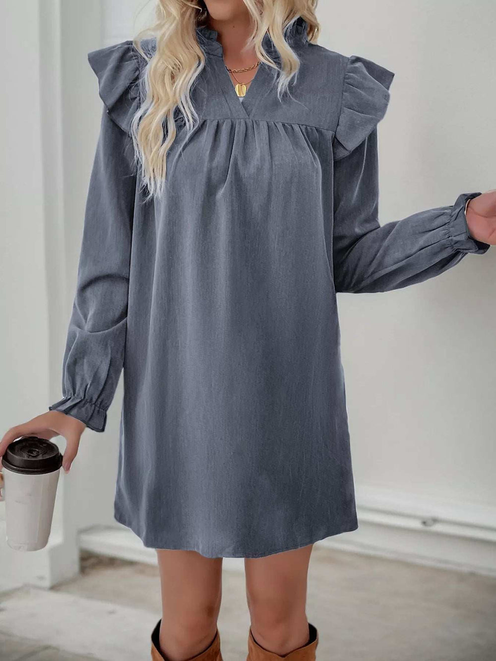 Ruffled Notched Flounce Sleeve Dress - Trendsi - Flyclothing LLC