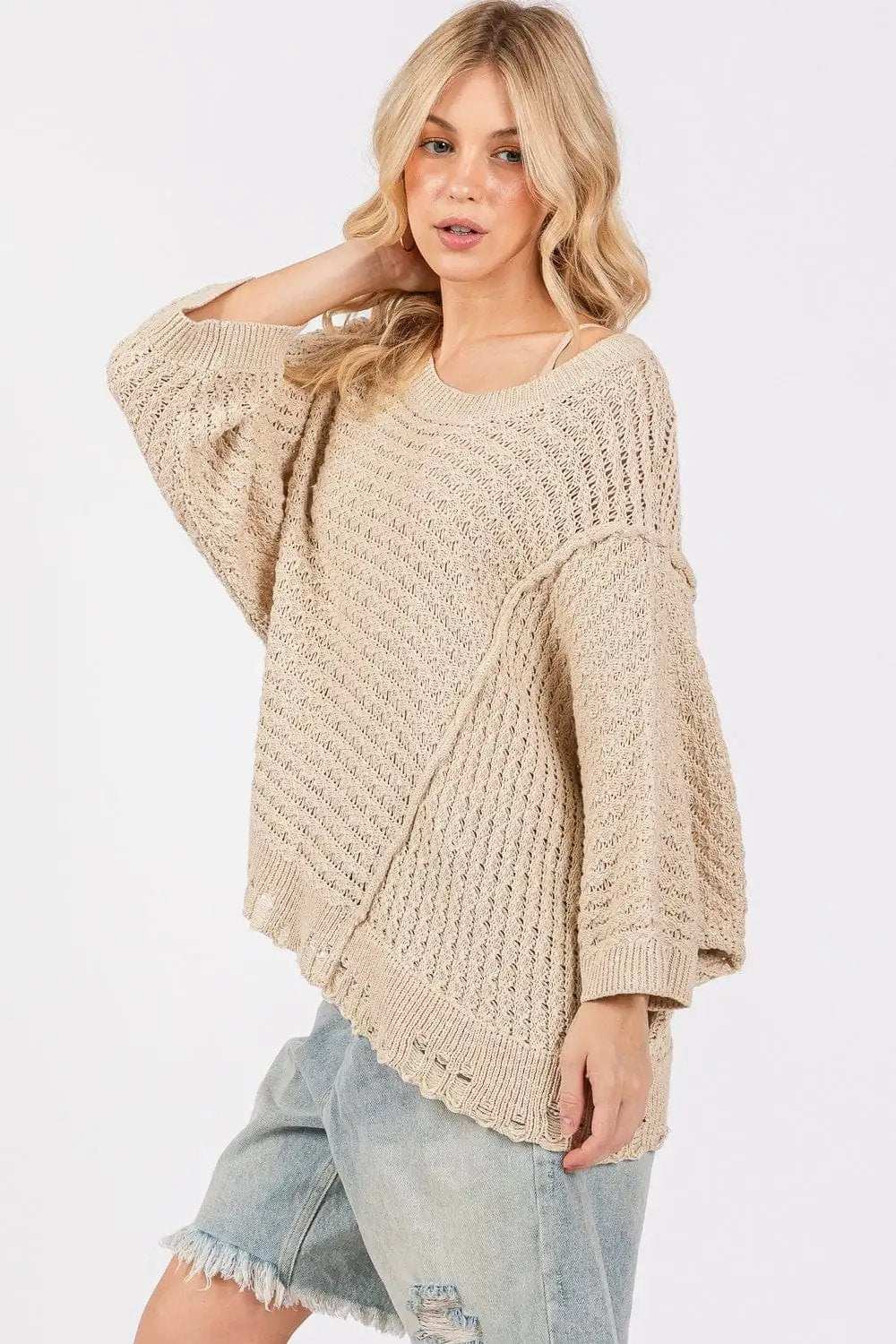 SAGE + FIG Distressed Asymmetrical Open Stitch Sweater - Trendsi - Flyclothing LLC