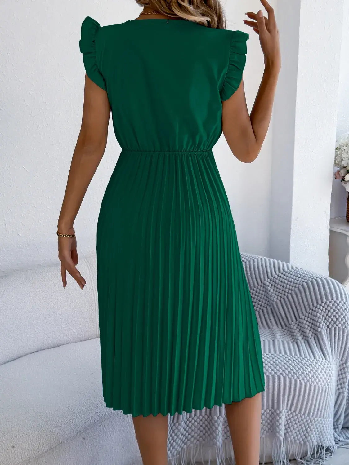 Lace Detail Ruffled Cap Sleeve Pleated Dress - Trendsi - Flyclothing LLC
