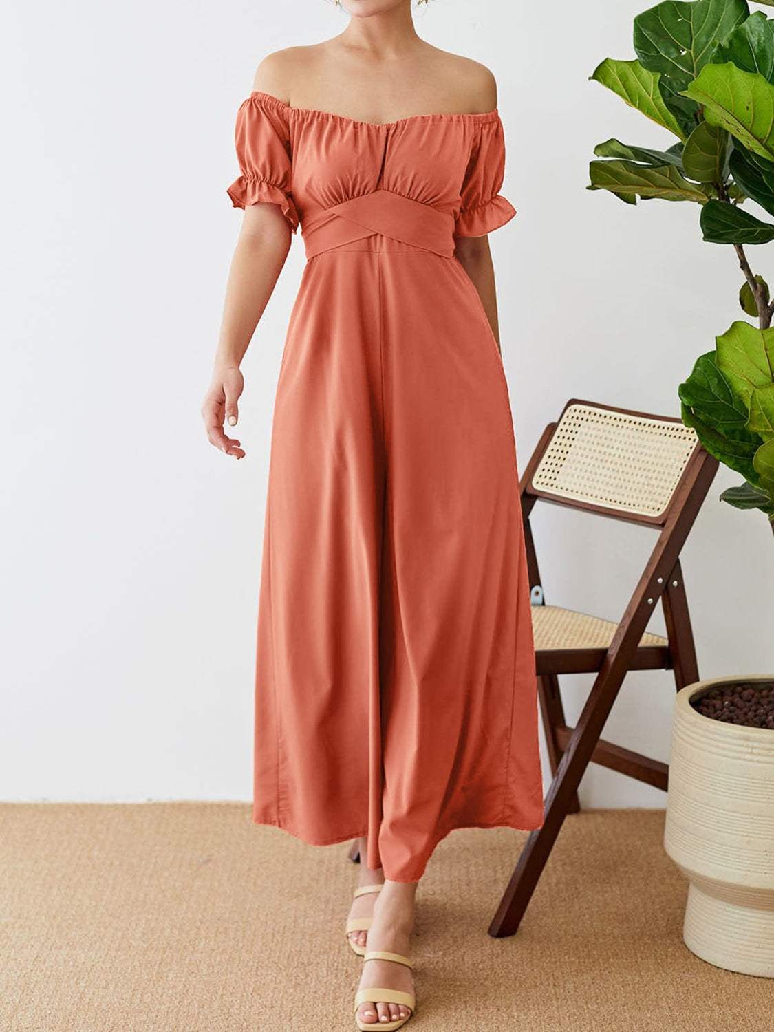 Off-Shoulder Short Sleeve Wide Leg Jumpsuit - Trendsi - Flyclothing LLC