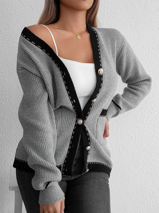 Contrast Trim Button Up Long Sleeve Cardigan - Trendsi - Flyclothing LLC
