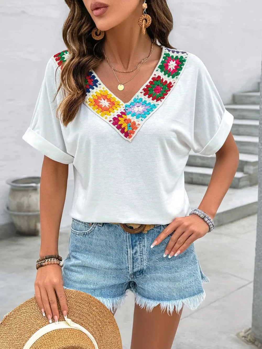 Contrast V-Neck Short Sleeve Top - Trendsi