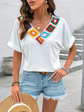 Contrast V-Neck Short Sleeve Top - Trendsi
