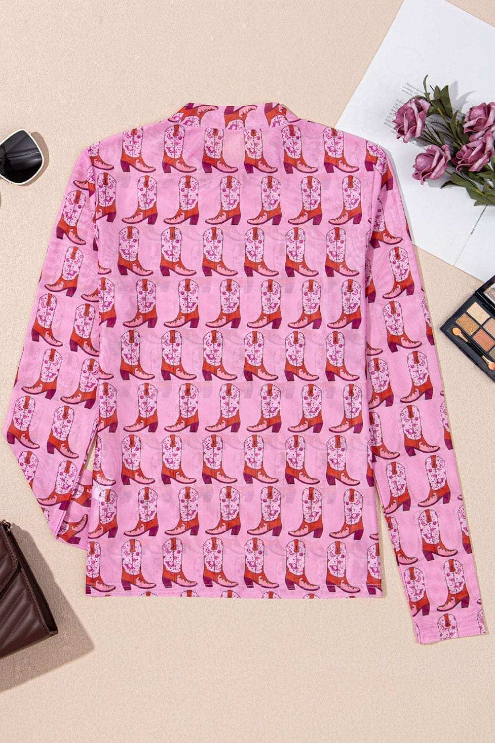 Cowgirl Boots Printed Mock Neck Long Sleeve Mesh Top - Trendsi - Flyclothing LLC