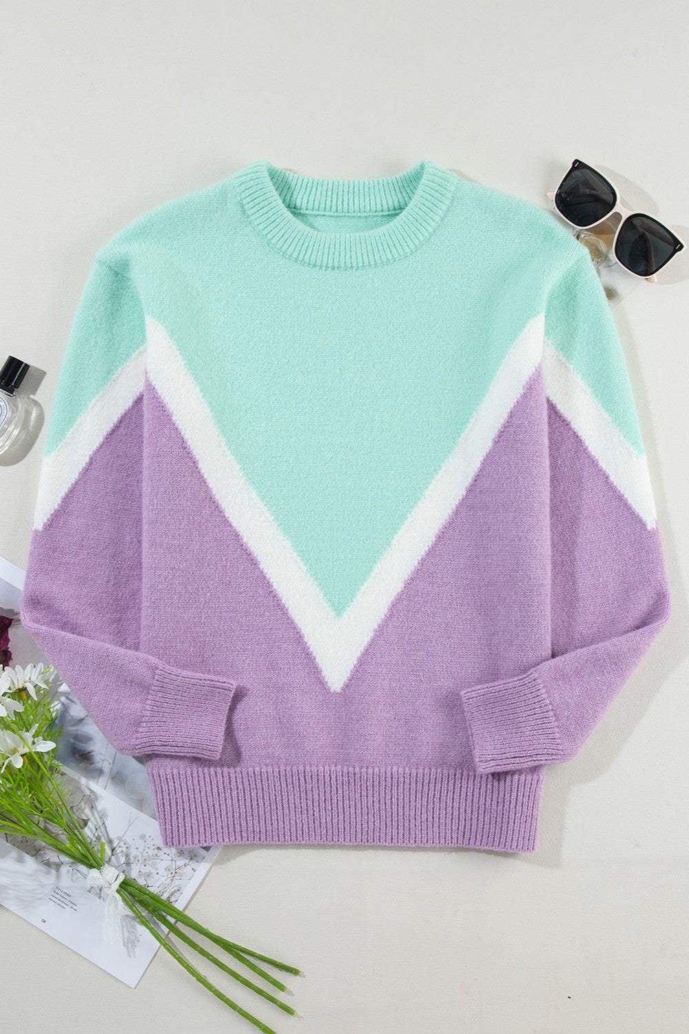 Contrast Round Neck Dropped Shoulder Sweater - Trendsi - Flyclothing LLC