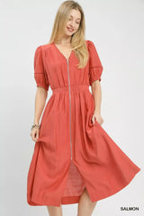 Umgee Zip-Front Smocked Waist Midi Dress - Trendsi - Flyclothing LLC