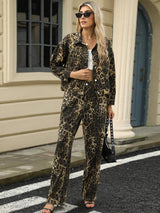 Pocketed Leopard Long Sleeve Denim Jacket - Trendsi - Flyclothing LLC
