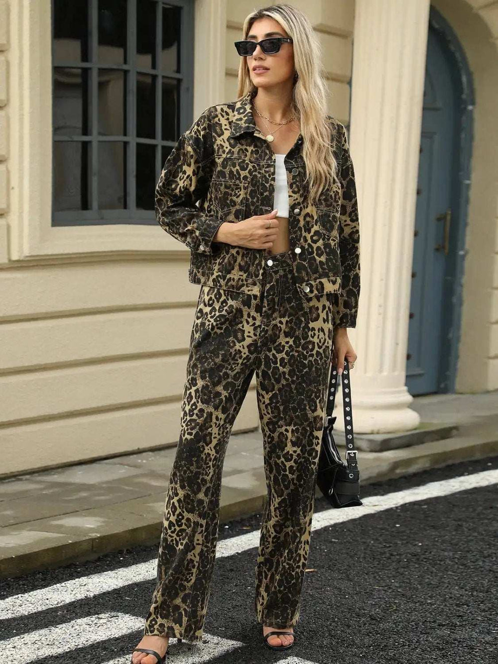 Pocketed Leopard Long Sleeve Denim Jacket - Trendsi - Flyclothing LLC