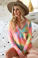 BiBi Tie Dye V-neck Terry Knit Top With Sequins - Trendsi - Flyclothing LLC