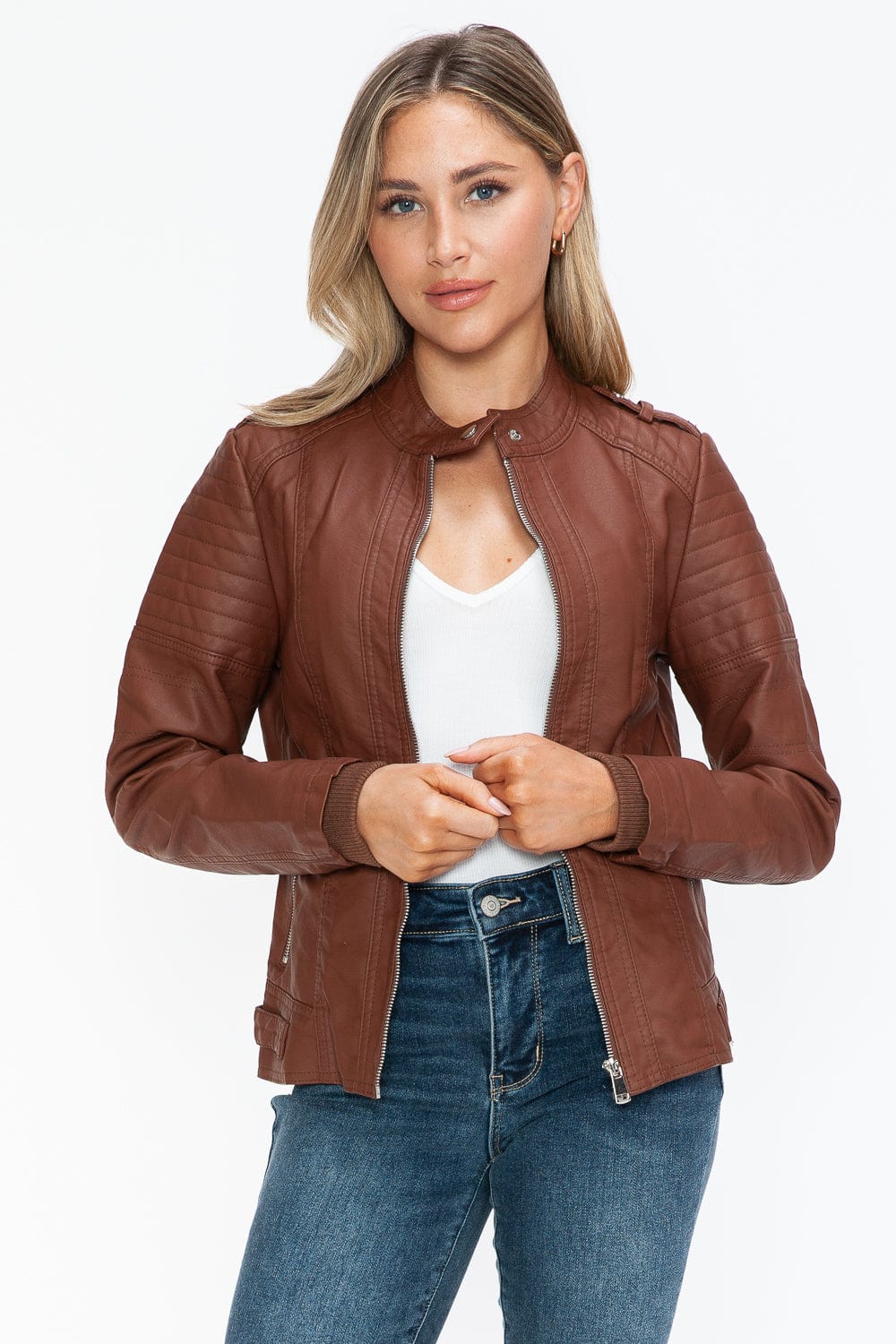 Snobbish PU Leather Biker Jacket with Side Zip Pockets - Trendsi