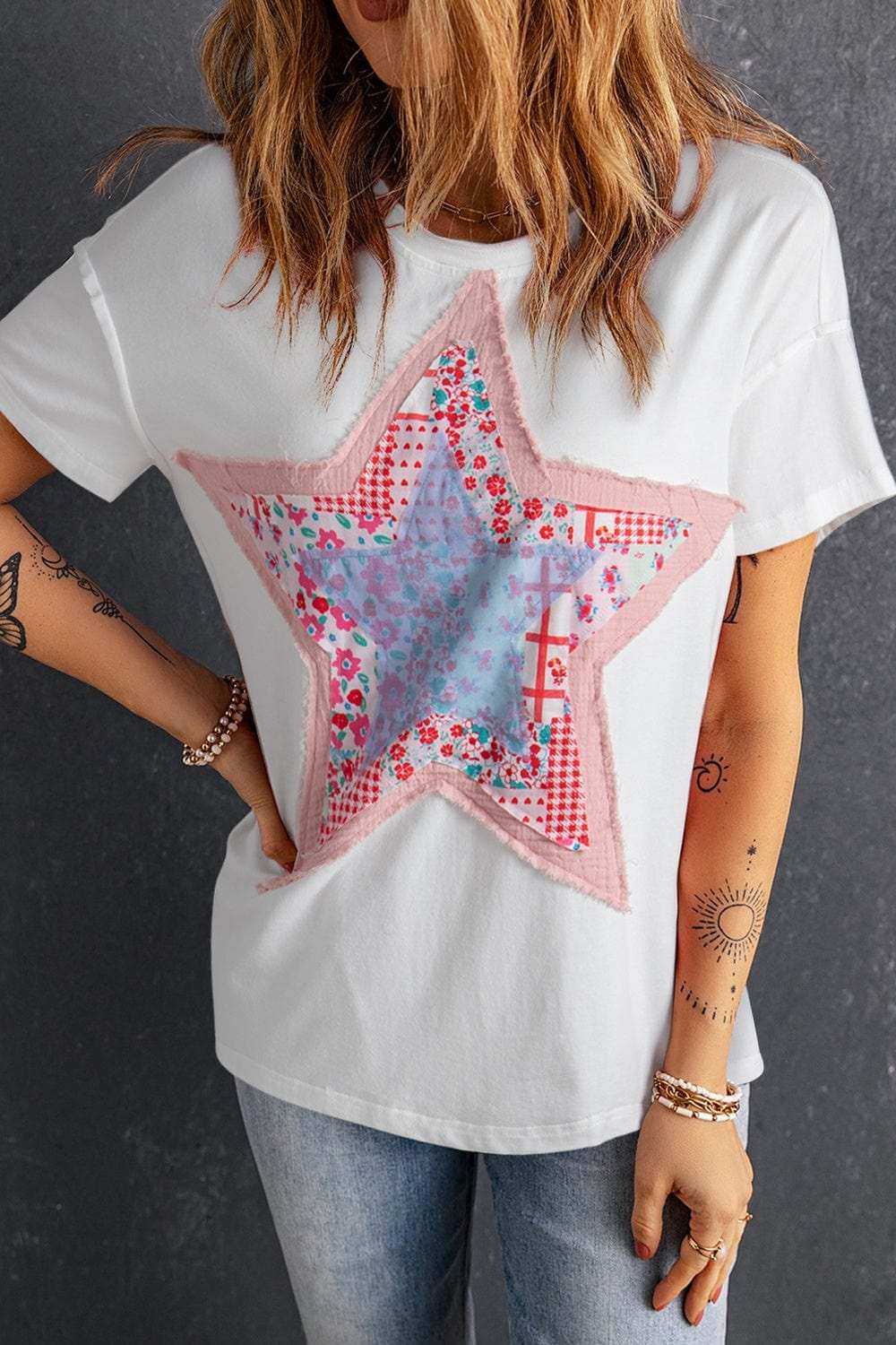 Star Round Neck Short Sleeve T-Shirt - Trendsi - Flyclothing LLC