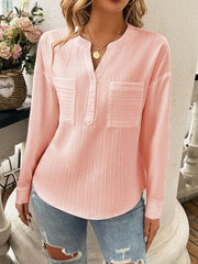 Devine Pocketed Notched Long Sleeve Blouse - Trendsi
