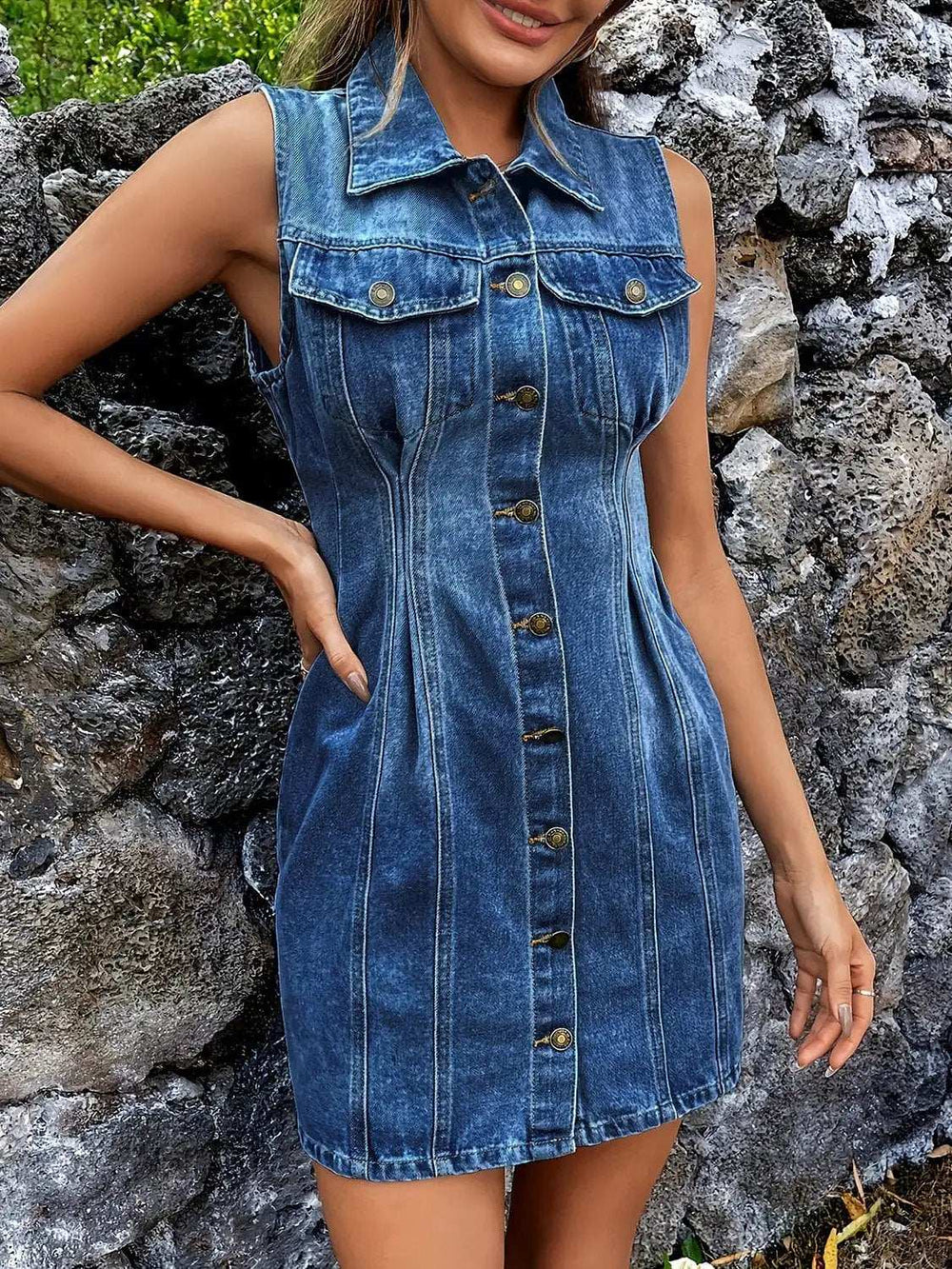 Pocketed Button Up Sleeveless Denim Dress - Trendsi - Flyclothing LLC