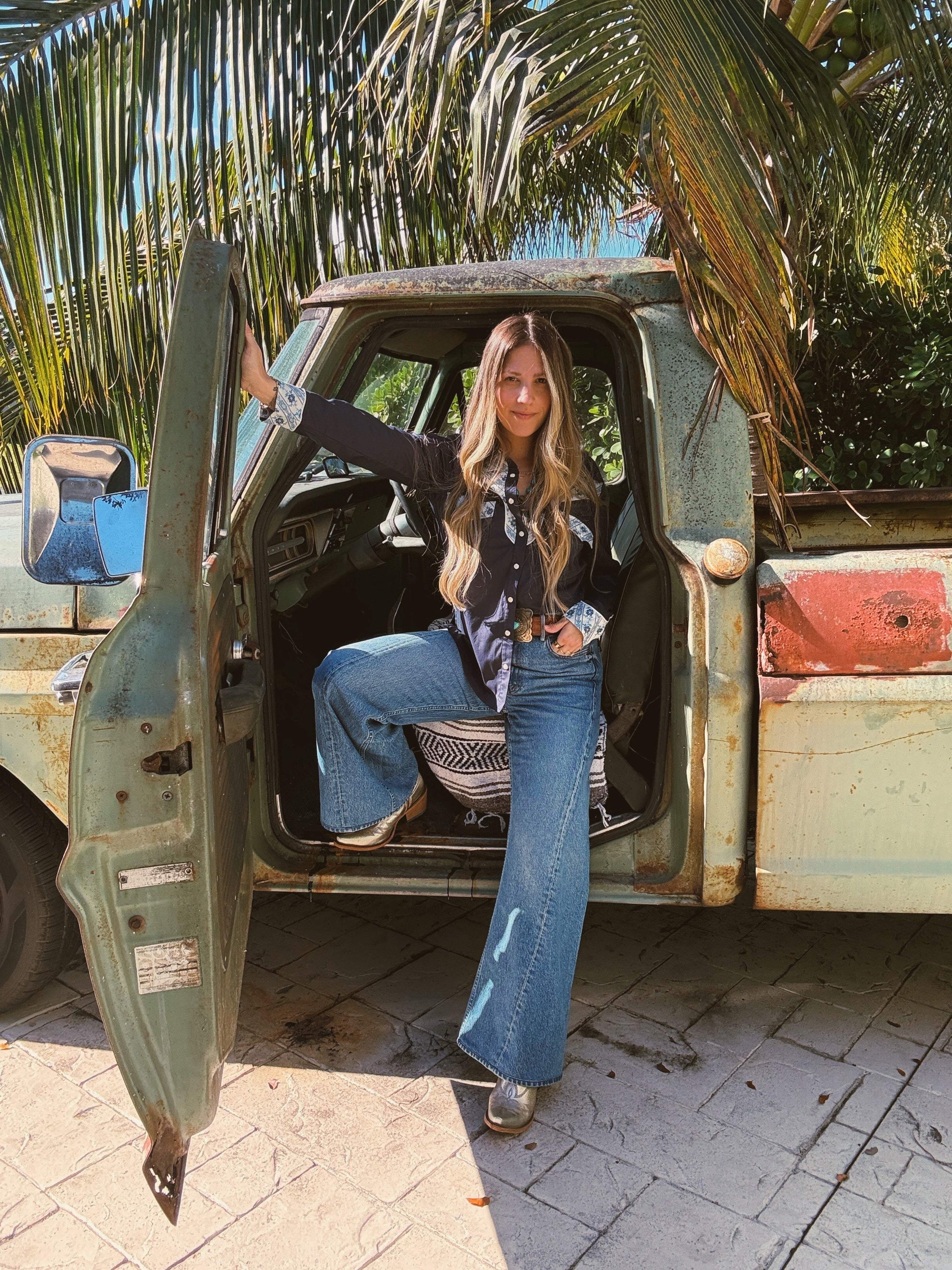 John Wayne Western Pearl Snap Button Up Top In Denim Blue - Lil Bee's Bohemian - Flyclothing LLC