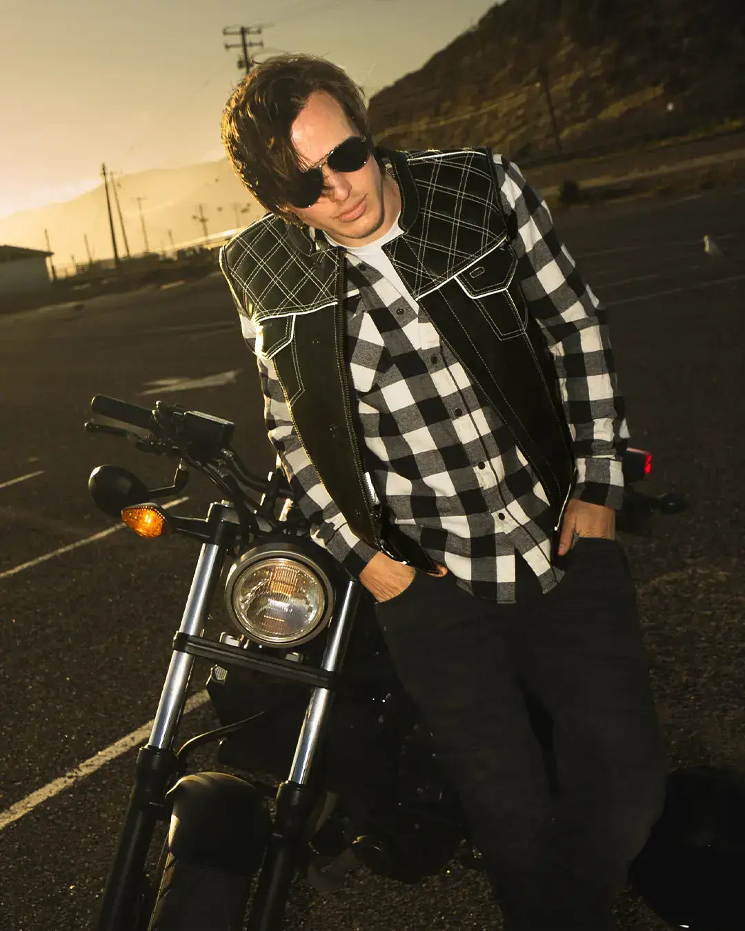 Finish Line - White Checker - Men's Motorcycle Leather Vest - First Manufacturing Company - Flyclothing LLC