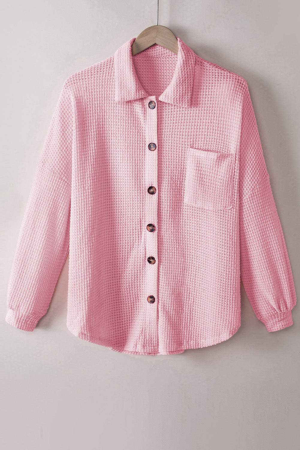 Waffle-Knit Collared Neck Long Sleeve Shirt - Trendsi - Flyclothing LLC