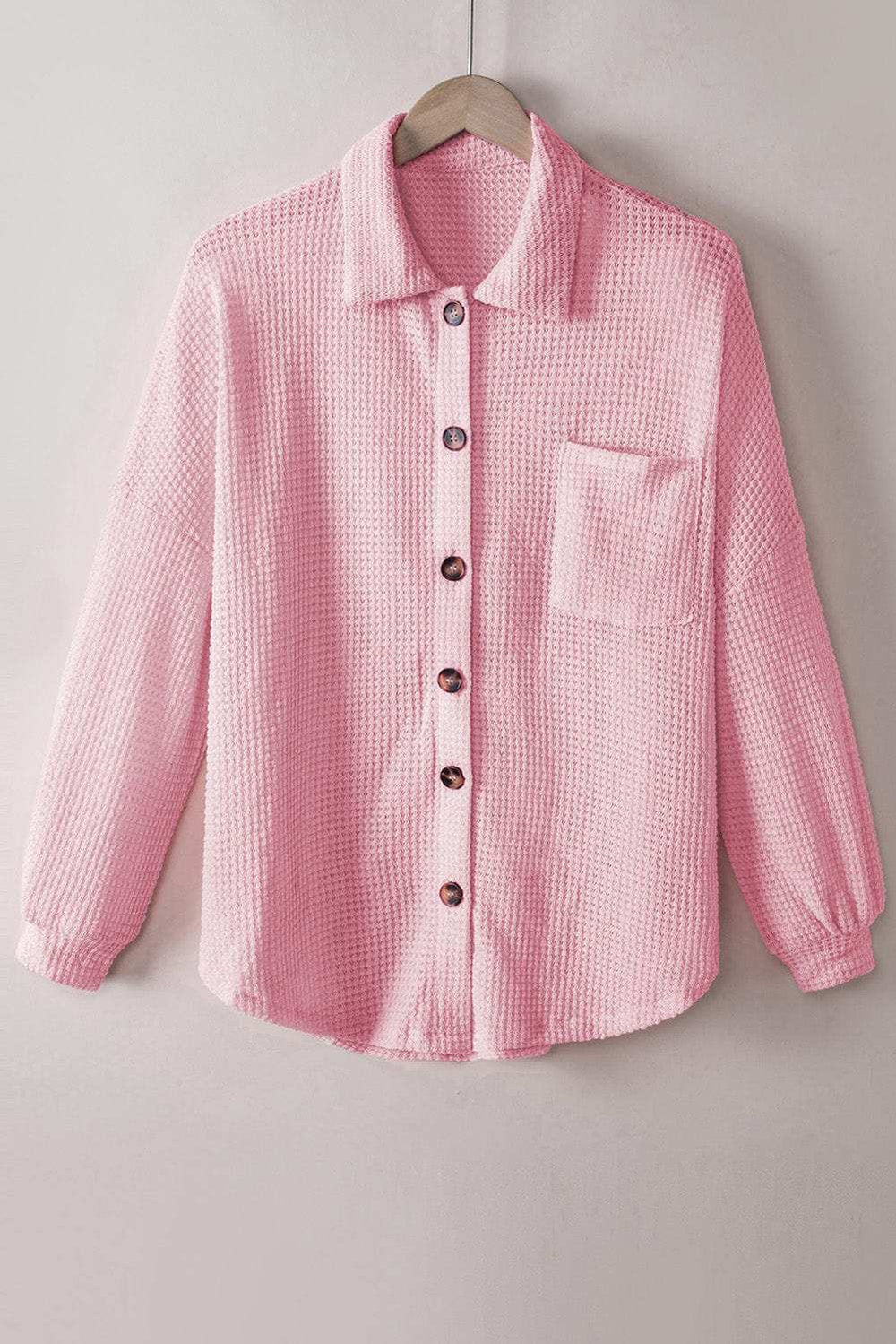 Waffle-Knit Collared Neck Long Sleeve Shirt - Trendsi - Flyclothing LLC