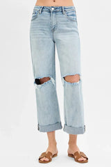RISEN Full Size Mid Rise Fit Boyfriend Jeans with Cuff Plus Size - Trendsi - Flyclothing LLC