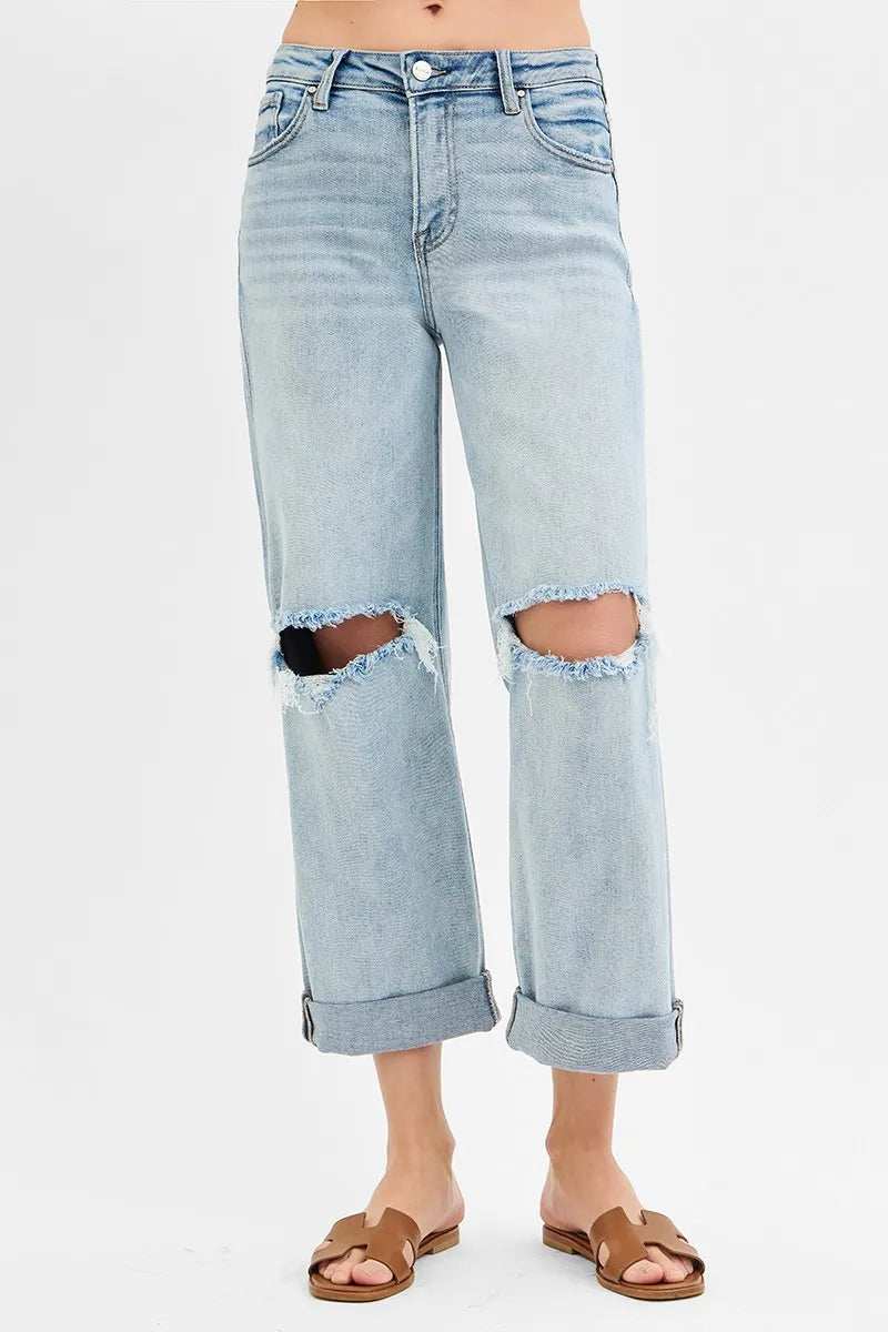 RISEN Full Size Mid Rise Fit Boyfriend Jeans with Cuff Plus Size - Trendsi - Flyclothing LLC