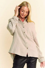 Davi & Dani Crochet Sleeve Crinkled Texture Shirt - Trendsi - Flyclothing LLC